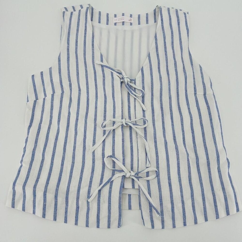Blue White Striped Linen Tie Front Top XS Coastal Preppy Chic Blouse Lined